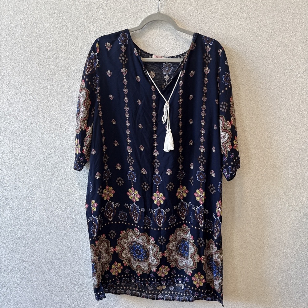 HALIFE Women's XL‎ Navy Floral Hippie Boho V-Tunic Dress 3/4 Sleeve Tassel Ties